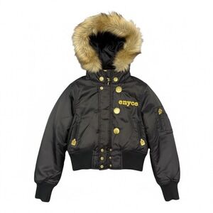 Kids Enyce‎ Vintage Black Hooded Bomber Jacket Faux Fur Gold Sequins Embellished
